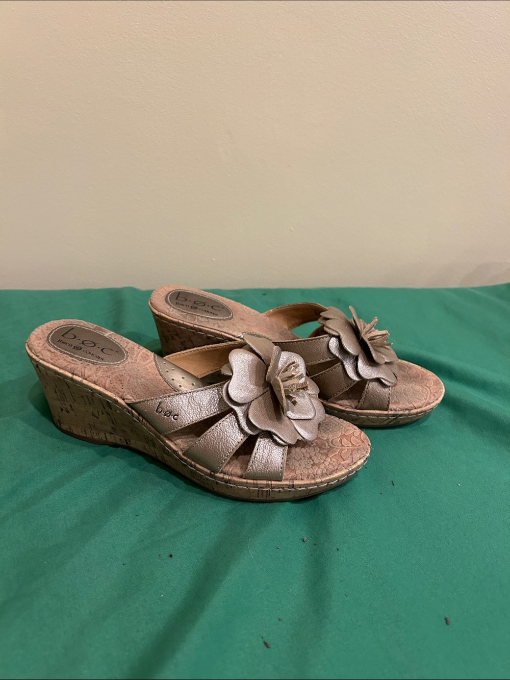 b.o.c. Taupe Floral Leather Wedge Sandals